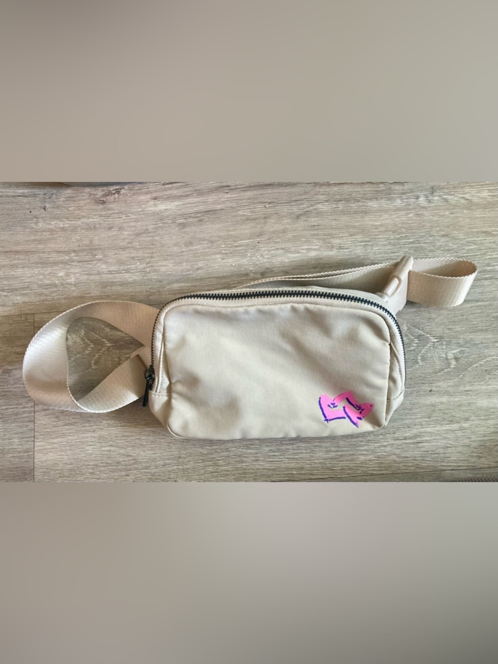 Beige Canvas Crossbody Fanny Pack Bag with Pink Accent